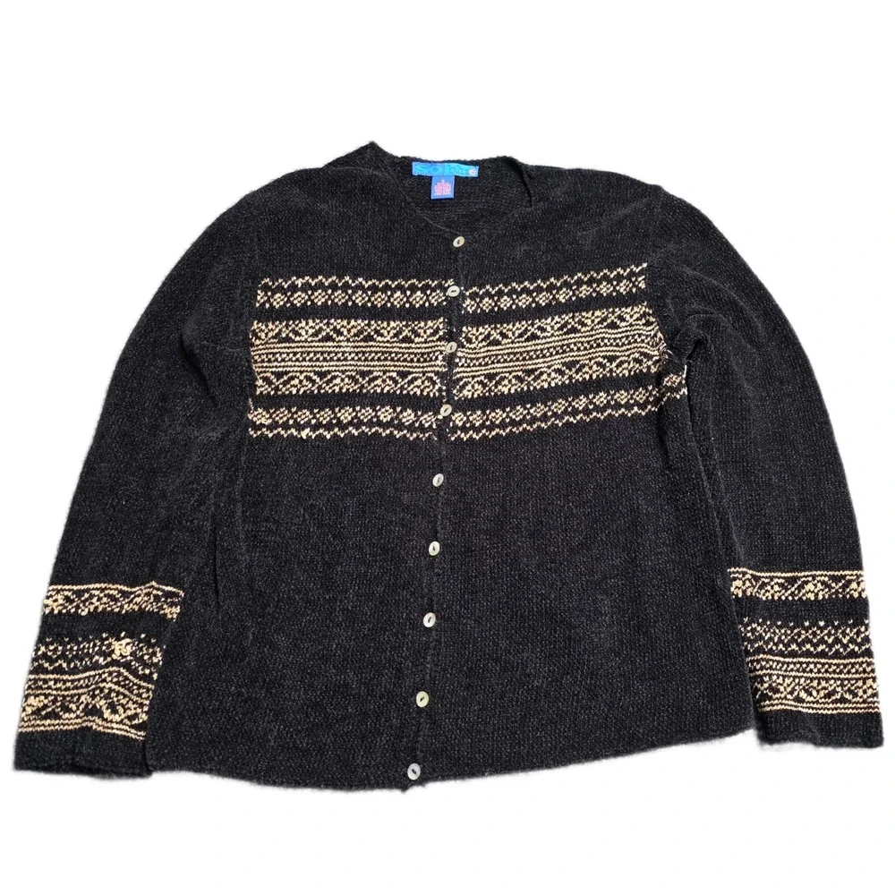 Vintage So Blue Chenille Fair Isle Cardigan‎ Women's Size S Black Button Front
